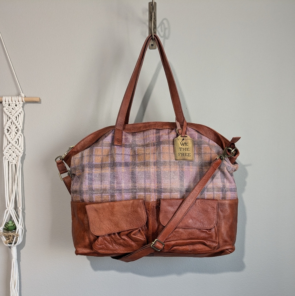 Free People We the Free Leather Rockport Tote Madras Plaid - Picture 2 of 12